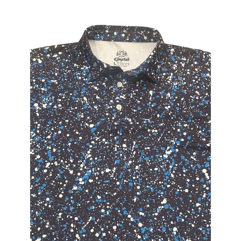 Kaipar Mens Large Black Blue White Paint Splatter Performance Golf Polo